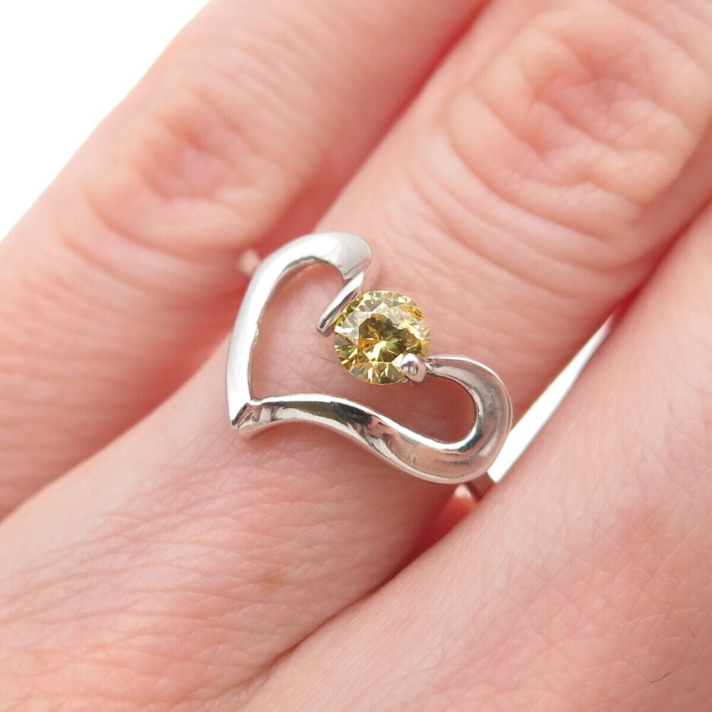 925 Sterling Silver Round-Cut Canary C Z Heart Ring Size 6